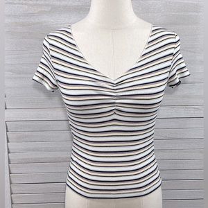 HOLLISTER Baby Tee Cropped Stretchy Ribbed V Neckline Striped-Small